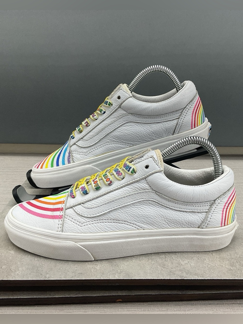 Vans X Flour Shop Old Skool White Leather Rainbow Sneakers Mens 5.5 Womens 7